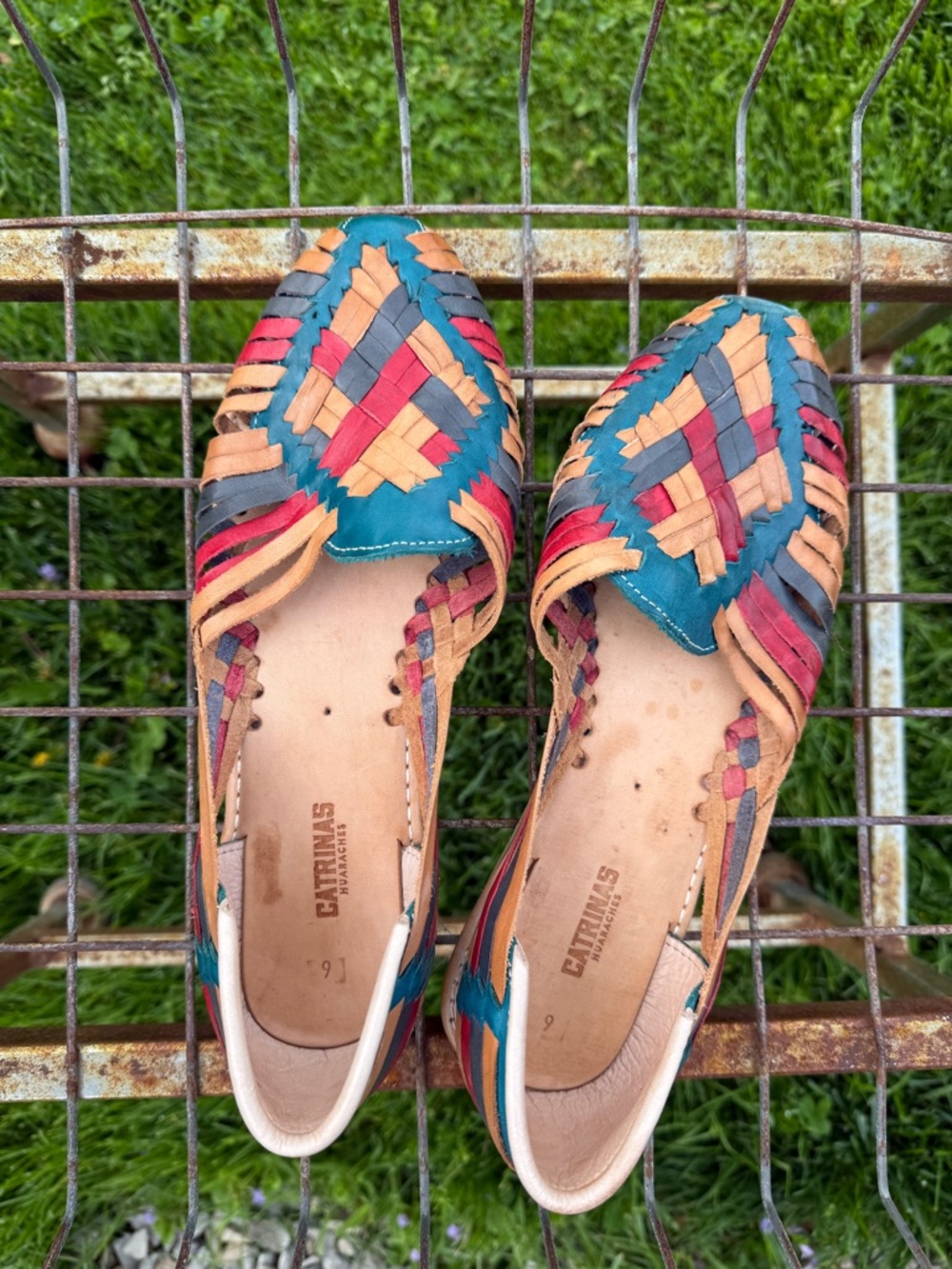 Multi-Color Woven Leather Huarache Flats - Teal, Red, Tan & Gray